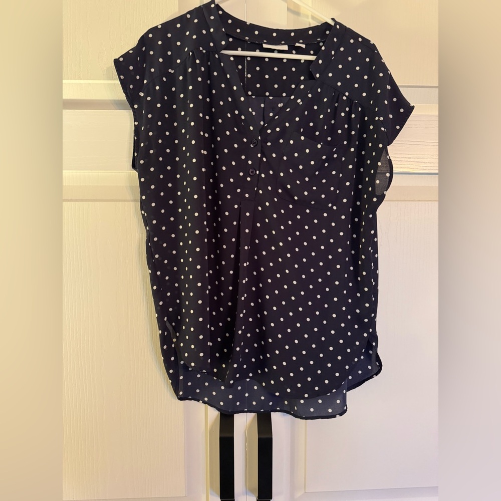 NY and Co. Navy Polka Dot Short Sleeve Women’s Blouse